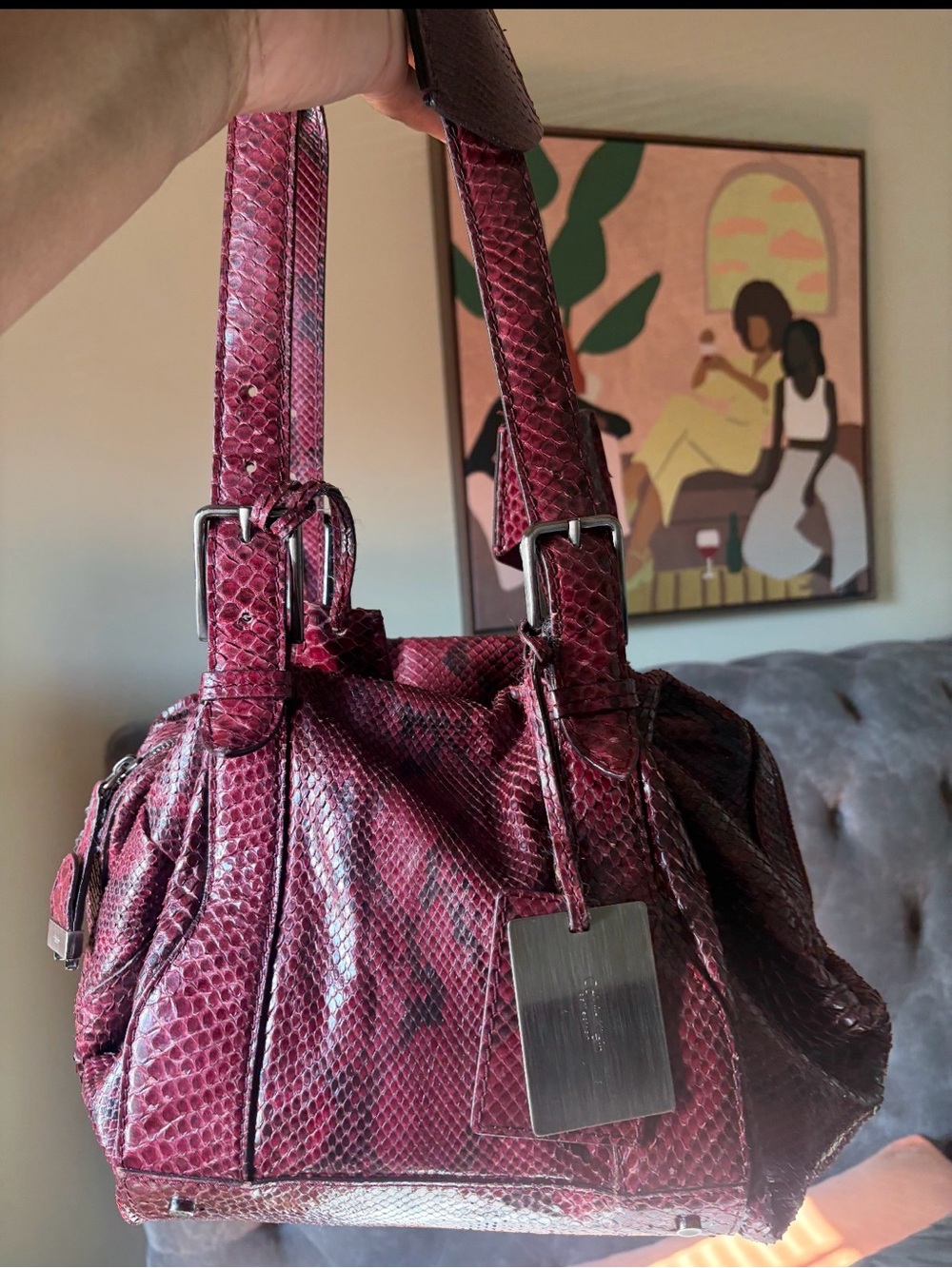 Calvin Klein Python 🐍 Skin Women’s Burgundy Snake-Embossed Leather Shoulder Bag